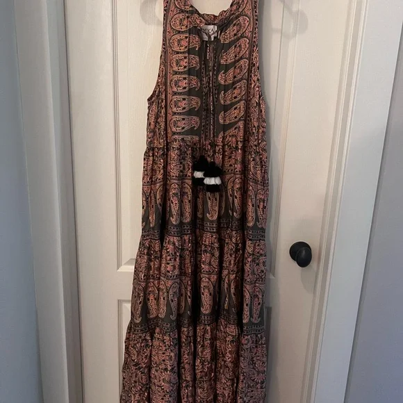Anthropologie Omika Paola Maxi Dress, Size M, Pink & Olive Green, Boho, Pockets - Picture 4 of 10